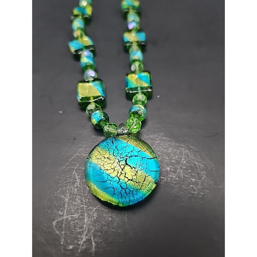 Vintage Handcrafted Art Glass Beaded Necklace Green, Blue, Metallic Foil 21" - Picture 12 of 16